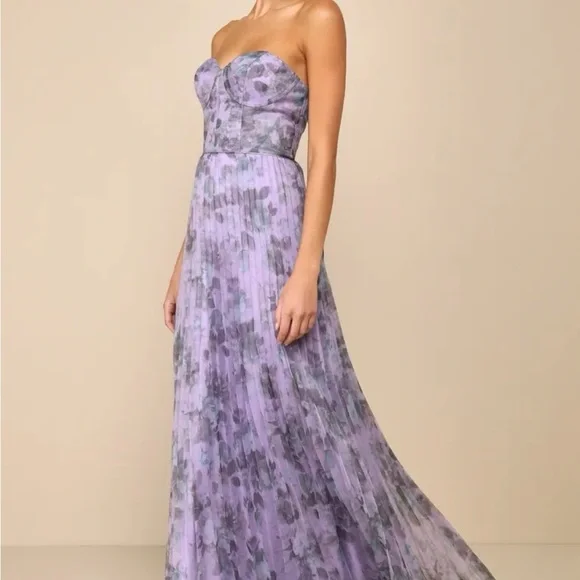 Lulu's Lavender Floral Strapless Pleated Gown - Picture 2 of 6